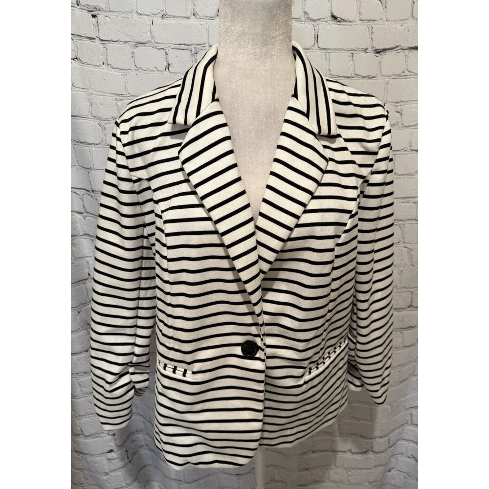Christian Siriano Black & White Stripe Single Button Long Sleeve Blazer Medium